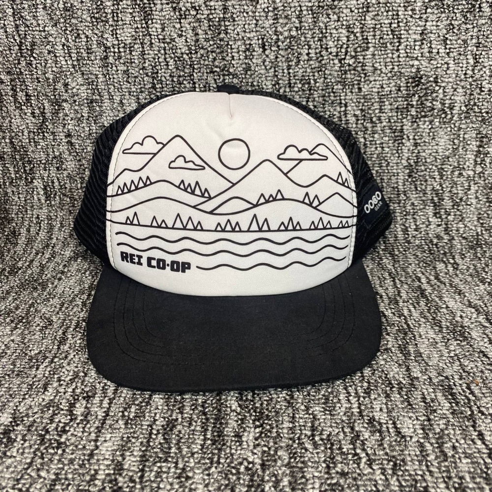 REI Co-op Trucker Hat Mens OSFA Black White Mountain Graphic Mesh Snapback Cap